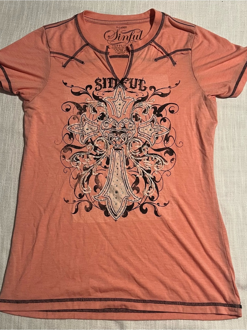 Sinful Coral Short-Sleeve Tee with Ornate Cross Graphic